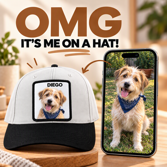 Finished custom PetCap hat shown beside the original pet photo